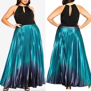 Plus Size City Chic Pleated Ombré Maxi Dress w/ Halter Chain Neckline Size 18